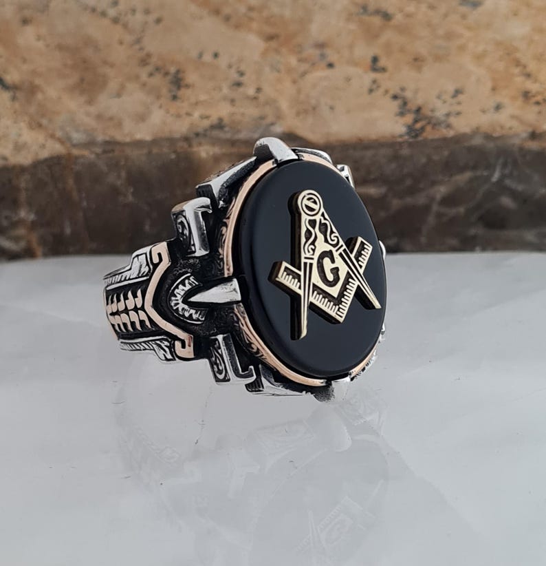 Master Mason Blue Lodge Ring - Handmade Sterling Silver Black Onyx - Bricks Masons