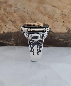 Master Mason Blue Lodge Ring - Onyx, Compass & Square Symbol - Bricks Masons