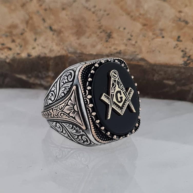 Master Mason Blue Lodge Ring - Handmade Sterling Silver Black Onyx - Bricks Masons