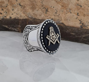 Master Mason Blue Lodge Ring - Handmade Sterling Silver Masonic Ring: Black Onyx - Bricks Masons