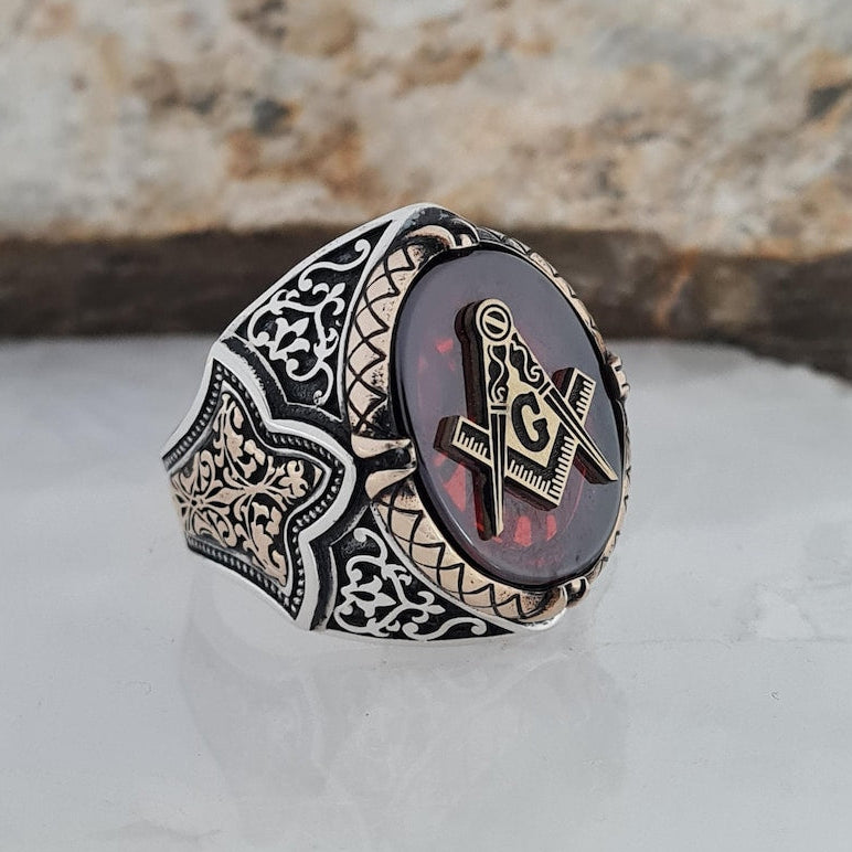 Master Mason Blue Lodge Ring - Sterling Silver Zircon - Bricks Masons