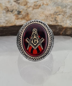 Master Mason Blue Lodge Ring - Handmade Sterling Silver Garnet-red zircon - Bricks Masons