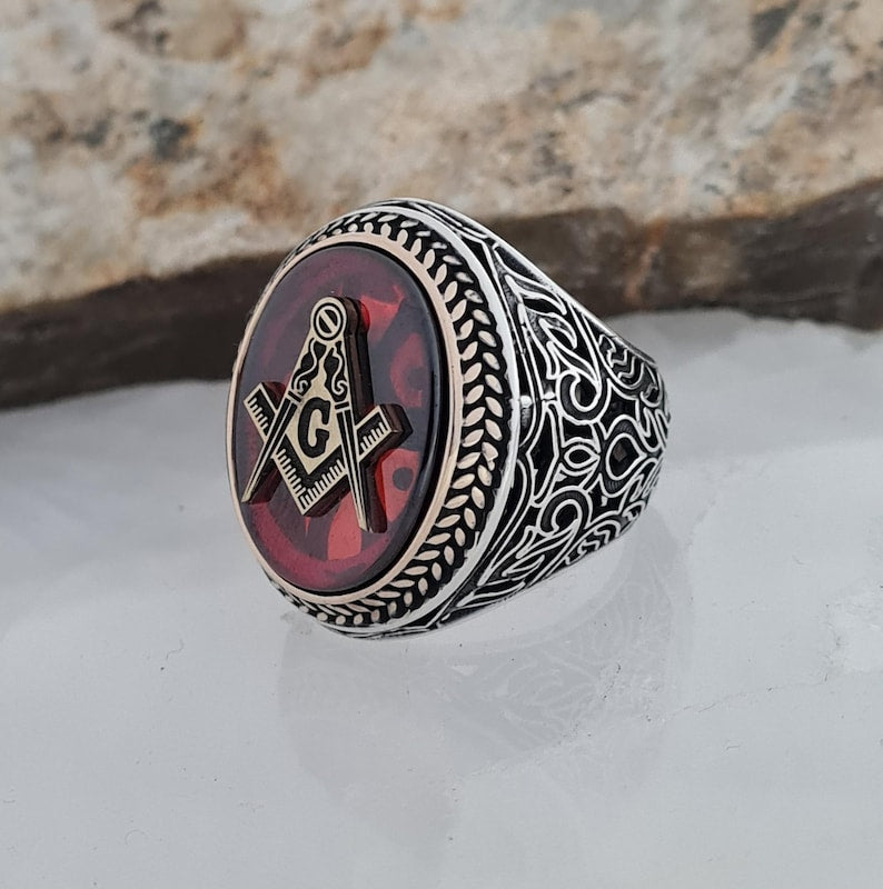 Master Mason Blue Lodge Ring - Handmade Sterling Silver Garnet-red zircon - Bricks Masons