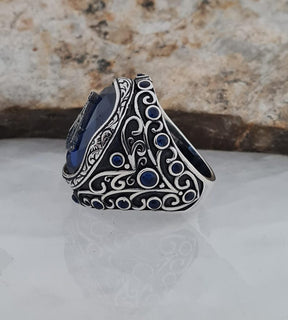 Master Mason Blue Lodge Ring - Blue Sapphire Freemason Compass Symbol - Bricks Masons