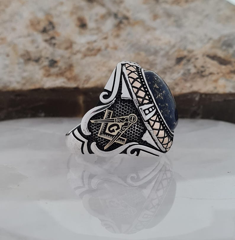 Master Mason Blue Lodge Ring - Handcrafted Sterling Silver Lapis Lazuli Stone - Bricks Masons