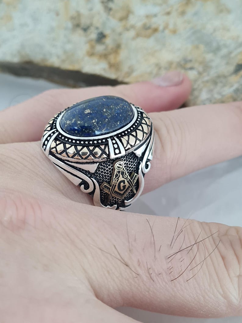 Master Mason Blue Lodge Ring - Handcrafted Sterling Silver Lapis Lazuli Stone - Bricks Masons