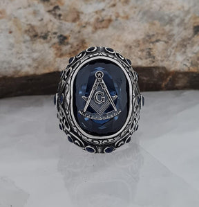Master Mason Blue Lodge Ring - Blue Sapphire Freemason Compass Symbol - Bricks Masons