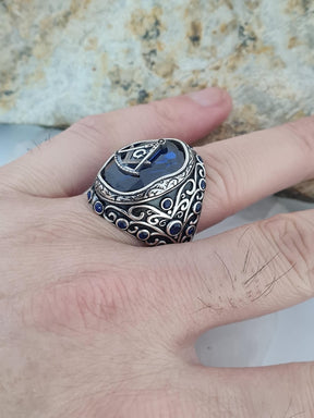 Master Mason Blue Lodge Ring - Blue Sapphire Freemason Compass Symbol - Bricks Masons