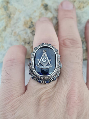 Master Mason Blue Lodge Ring - Blue Sapphire Freemason Compass Symbol - Bricks Masons