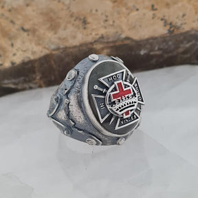 Sterling Silver Knights Templar Ring with Labradorite – In Hoc Signo Vinces Cross - Bricks Masons