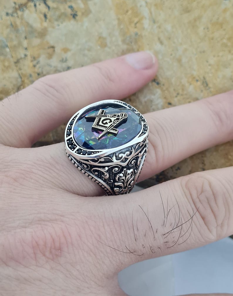 Master Mason Blue Lodge Ring - Mystic Topaz & Cubic Zirconia - Bricks Masons