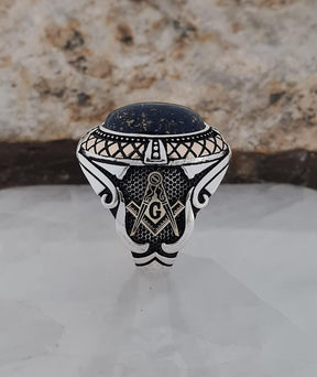 Master Mason Blue Lodge Ring - Handcrafted Sterling Silver Lapis Lazuli Stone - Bricks Masons