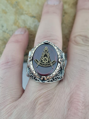 Master Mason Blue Lodge Ring - Handmade Sterling Silver Zircon - Bricks Masons