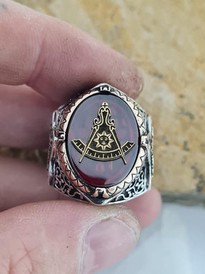Master Mason Blue Lodge Ring - Handmade Sterling Silver Zircon - Bricks Masons