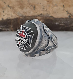 Sterling Silver Knights Templar Ring with Labradorite – In Hoc Signo Vinces Cross - Bricks Masons