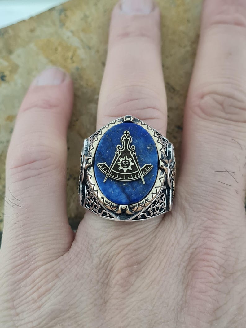 Master Mason Blue Lodge Ring - Handmade Sterling Silver Lapis Lazuli - Bricks Masons