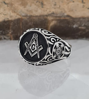 Master Mason Blue Lodge Ring - Handmade Sterling Silver & Black - Bricks Masons
