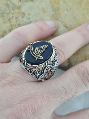 Master Mason Blue Lodge Ring - Handmade Sterling Silver Zircon Sapphire - Bricks Masons