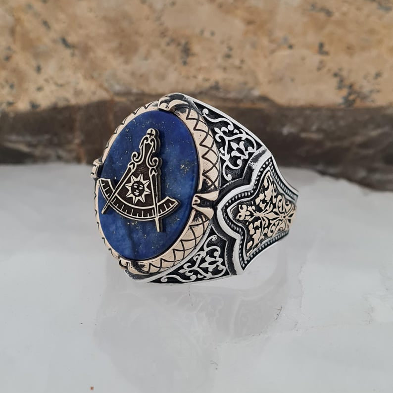 Master Mason Blue Lodge Ring - Handmade Sterling Silver Lapis Lazuli - Bricks Masons