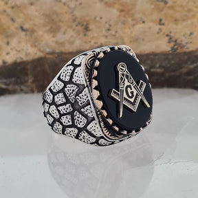 Handmade Sterling Silver Masonic Ring: Black Onyx Freemason Symbol - Bricks Masons