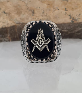 Handmade Sterling Silver Masonic Ring: Black Onyx Freemason Symbol - Bricks Masons