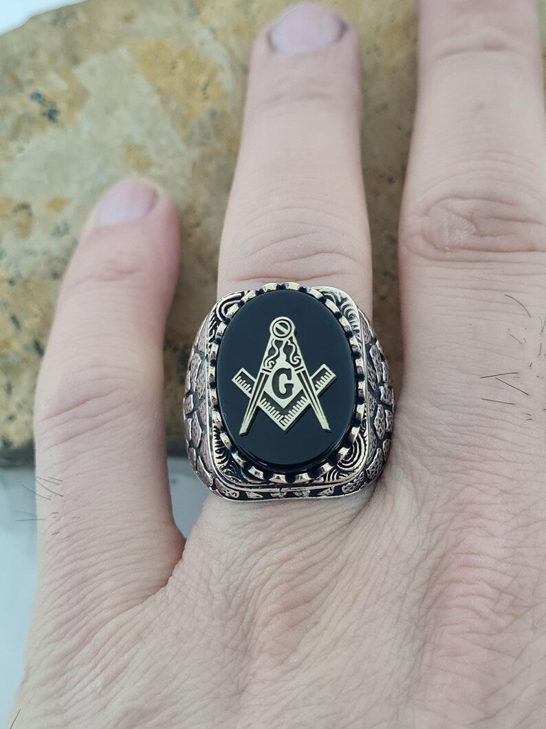Handmade Sterling Silver Masonic Ring: Black Onyx Freemason Symbol - Bricks Masons