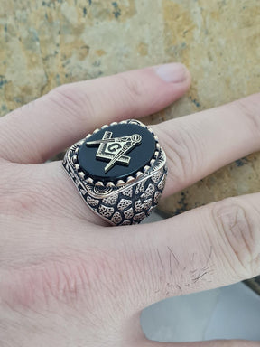 Handmade Sterling Silver Masonic Ring: Black Onyx Freemason Symbol - Bricks Masons