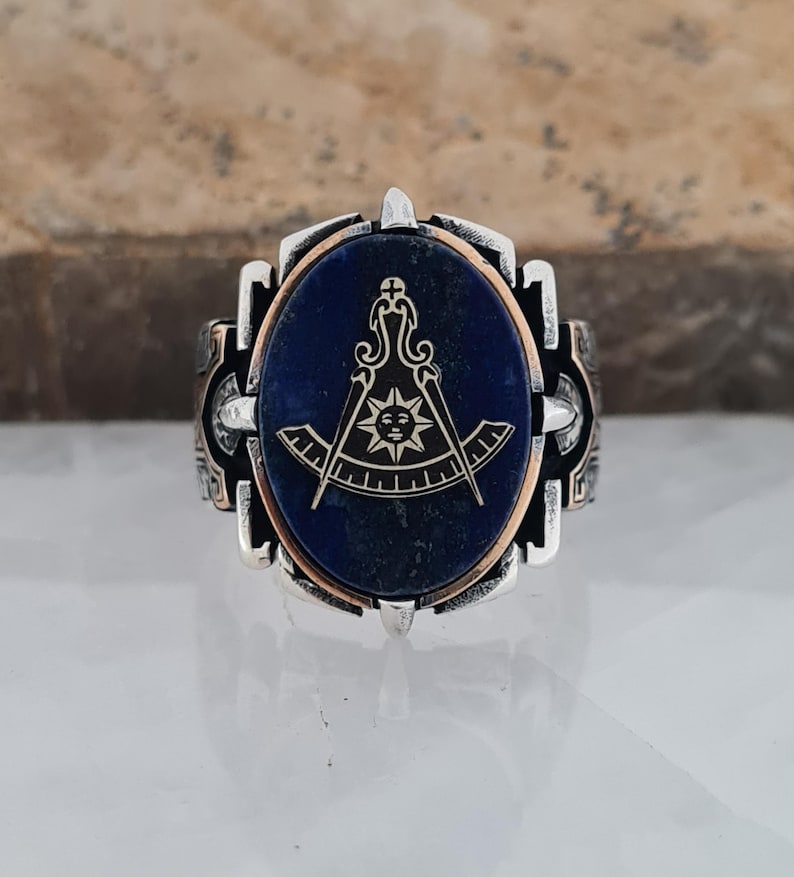 Master Mason Blue Lodge Ring - Handmade Sterling Silver Lapis Lazuli - Bricks Masons