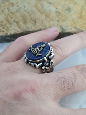 Master Mason Blue Lodge Ring - Handmade Sterling Silver Lapis Lazuli - Bricks Masons