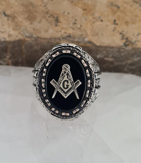 Master Mason Blue Lodge Ring - Handmade Sterling Silver Green Agate - Bricks Masons