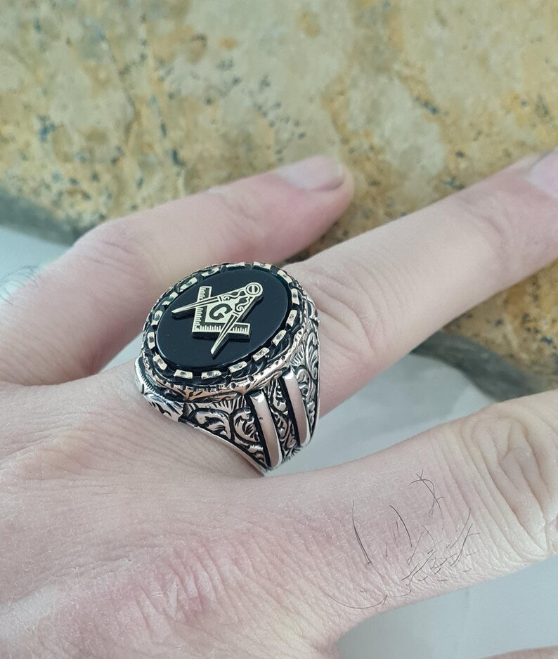 Master Mason Blue Lodge Ring - Handmade Sterling Silver Onyx Masonic - Bricks Masons