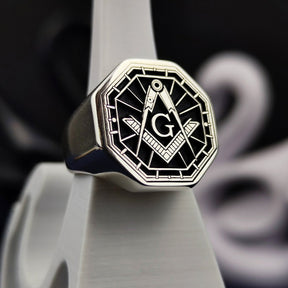 Master Mason Blue Lodge Ring - Black & Silver Handcrafted Square & Compass G - Bricks Masons