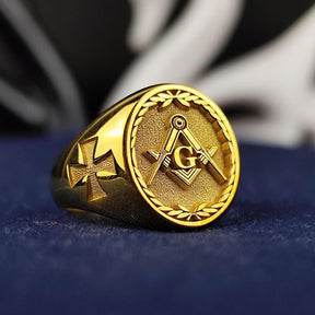 Master Mason Blue Lodge Ring - Square & Compass G Cross On the Sides - Bricks Masons