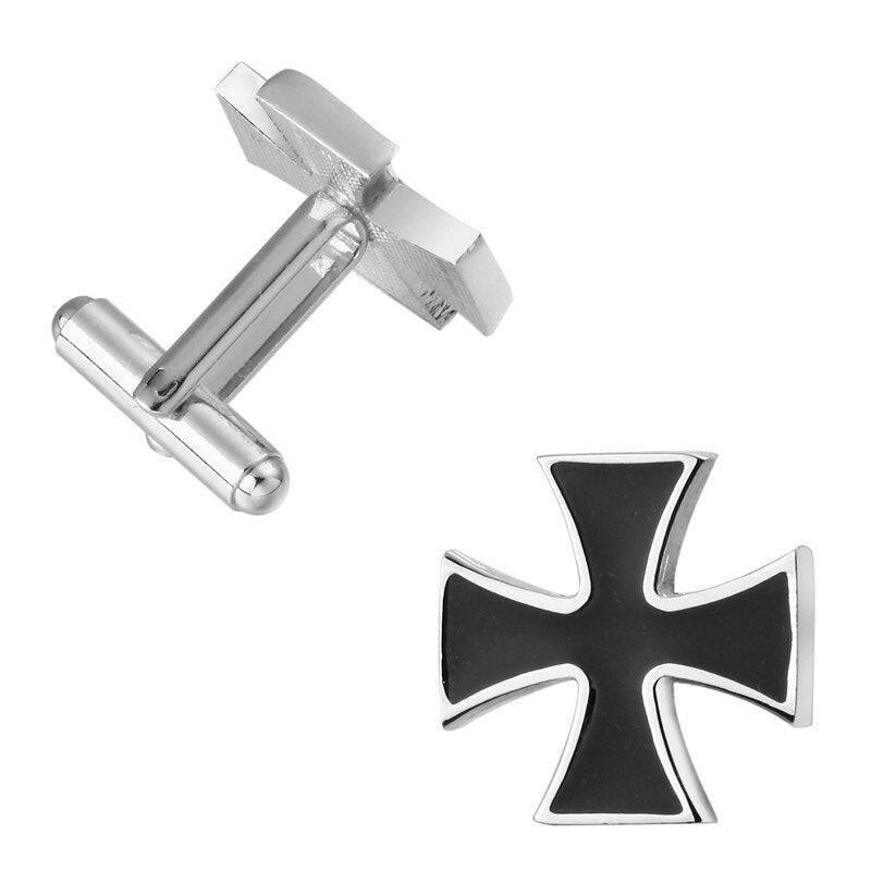 Knights Templar Cufflink - Medieval Cross Silver Pleated - Bricks Masons