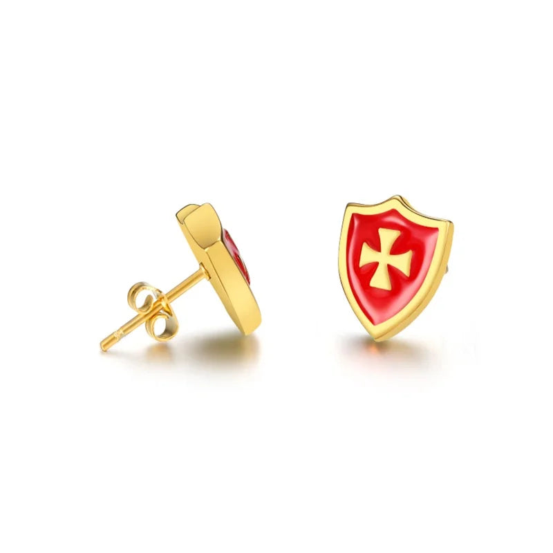 Knights Templar Earrings - Red Templar Shield Cross - Bricks Masons