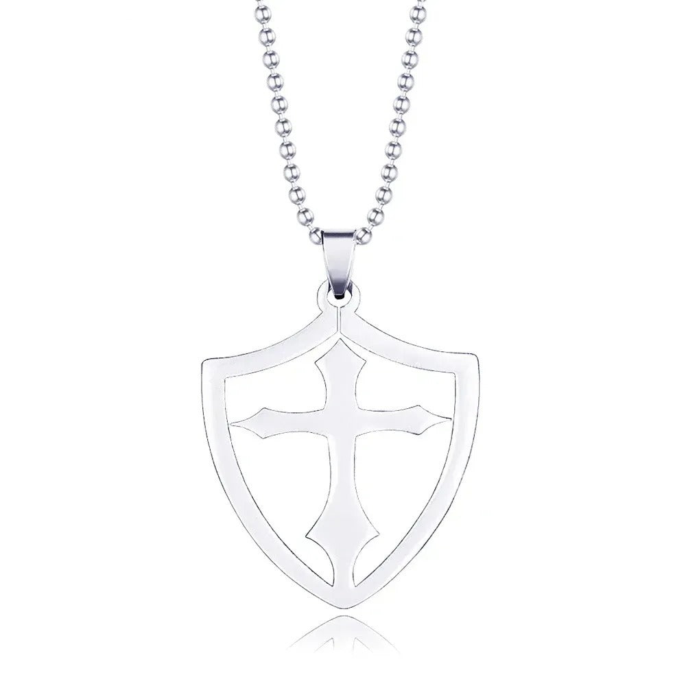 Knights Templar Commandery Necklace - Silver Stainless Steel Cross Shield - Bricks Masons