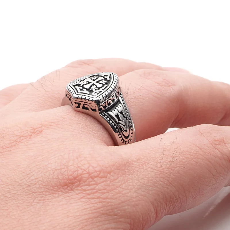 Knights Templar Commandery Ring - 316L Stainless Steel Warrior Cross Shield - Bricks Masons