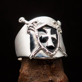Knights Templar Ring - Black Shield Cross Sterling Silver