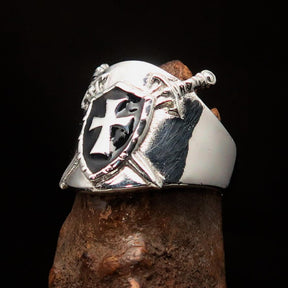 Knights Templar Ring - Black Shield Cross Sterling Silver