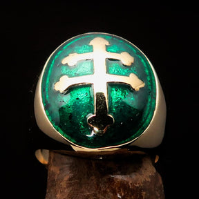 Knights Templar Ring - Green Brass Lorraine Cross