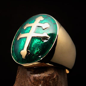 Knights Templar Ring - Green Brass Lorraine Cross