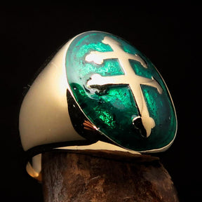 Knights Templar Ring - Green Brass Lorraine Cross