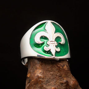 Knights Templar Ring - Green Fleur De Lis Sterling Silver