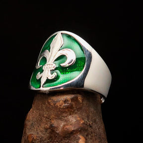 Knights Templar Ring - Green Fleur De Lis Sterling Silver