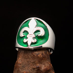 Knights Templar Ring - Green Fleur De Lis Sterling Silver