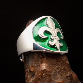 Knights Templar Ring - Green Fleur De Lis Sterling Silver