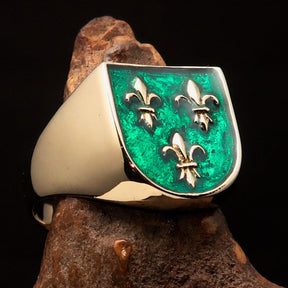 Knights Templar Ring - Green Knight Fleur De Lis Cross