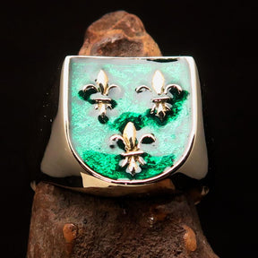 Knights Templar Ring - Green Knight Fleur De Lis Cross
