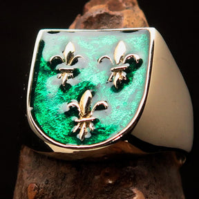Knights Templar Ring - Green Knight Fleur De Lis Cross