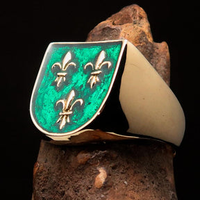 Knights Templar Ring - Green Knight Fleur De Lis Cross